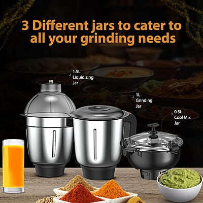 Crompton Boltmix Cool 750 W Mixer grinder with 3 Jars (3 stainless steel Jars, Cool Mix Chutney Jar with Casing)