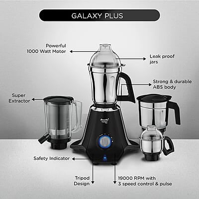 Preethi Taurus Plus MG-257 Mixer Grinder, 1000 Watt, Black 4 Jars - Super Extractor Juicer Jar