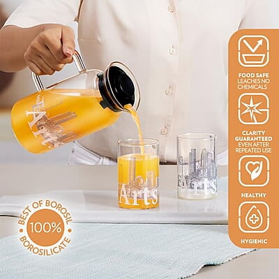 Borosil Artisan Series Roma 1000ml Multipurpose Jug with 2 pc Medium (295 ml) Glass Set | 100% Borosilicate, Fridge & Freezer, Dishwasher Safe | Glass Jug with Tumbler | Transparent