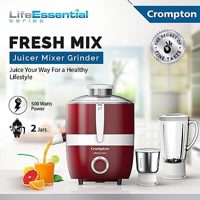 Cromptons Fresh-MIX, Juicer Mixer Grinder (2 Jars, High grade Stainless Steel mesh, unbreakable polycarbonate jar lids)