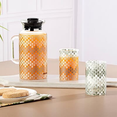 Borosil Artisan Series Vista 1000ml Multipurpose Jug with 2 pc Medium (295 ml) Glass Set | 100% Borosilicate, Fridge & Freezer, Dishwasher Safe | Glass Jug with Tumbler | Transparent