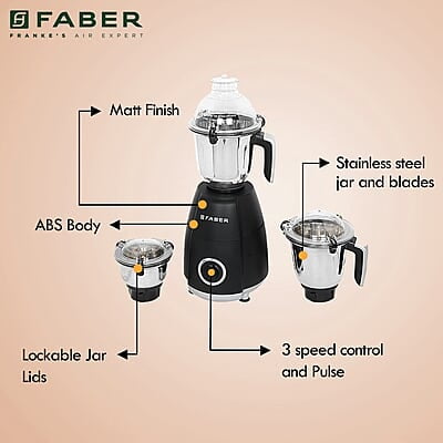 Faber Crown 800W Blender Mixer Grinder, 3 SS clip lock jars and blades low-noise copper motor, up to 20000 rpm speed