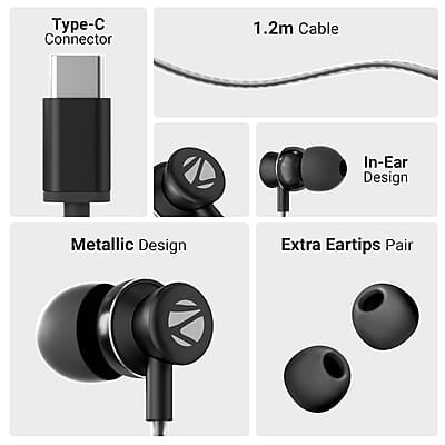 ZEBRONICS BUDS C10 in-Ear Type-C Earphone with in-line Mic, Metallic Design, Volume Control, 1.2m Cable, 10mm Driver