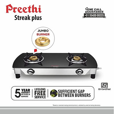 Preethi Bluflame Streak Plus Glass Top 2 Burner Gas Stove, with Jumbo Burner, Manual Ignition