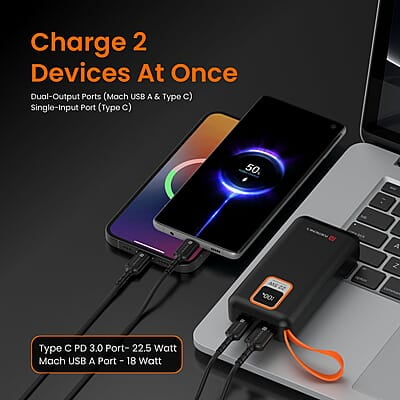 Portronics Ampbox 10K 10000 mAh Power Bank with 22.5W Fast Charging, Digital Display, Dual Output