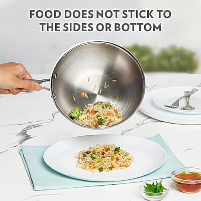 Borosil 3.5 L Cookfresh Tri-ply Stainless Steel Wok with Lid | 26 Cm Kadhai for Deep Fry