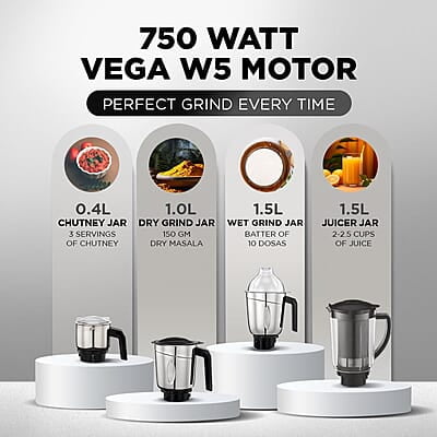 Preethi Galaxy Plus Mixer Grinder for Kitchen - 4 Jars 750 Watt Mixie (3 Stainless steel Jars+1 Super Extractor Juicer Jar)