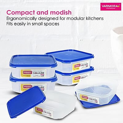 Varmora Magnum Square Smart Kitchen Storage Plastic Container – Blue Lid (1.3 Litres)(Pack of 4) Varmora Magnum Square Smart Kitchen Storage Plastic Container – Blue Lid (1.3 Litres)(Pack of 4)