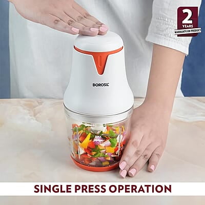 Borosil Chef Delite 260W Electric Glass Chopper For Kitchen Use | White Chopper | Low Noise Operation | Kitchen Accessories Items | Stainless Steel Blades, Whisking Blade for Cream, Chaas, Lassi