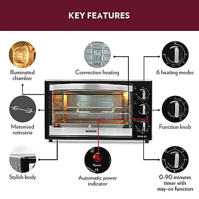 Borosil Prima 42 L Oven Toaster & Grill, Motorised Rotisserie & Convection Heating, 6 Heating Modes, Silver Top & Chrome Front