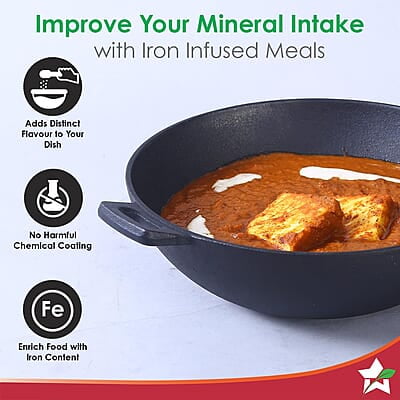 Wonderchef Forza Pre-Seasoned Cast-Iron Kadhai 3.35L, 3.8mm Wonderchef Forza Pre-Seasoned Cast-Iron Kadhai 3.35L, 3.8mm