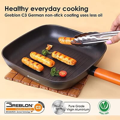 Wonderchef Caesar Forged Virgin Aluminium Grill Pan, 24cm, Black, Greblon C3 Non-stick Coating Wonderchef Caesar Forged Virgin Aluminium Grill Pan, 24cm, Black, Greblon C3 Non-stick Coating