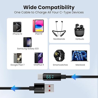 Portronics Konnect View 66W Type C Cable with LED Display 6.5A Output, Nylon Braided, Fast Data Sync, 1.2M Length, Tangle Resistant(Black) Portronics Konnect View 66W Type C Cable with LED Display 6.5A Output, Nylon Braided, Fast Data Sync, 1.2M Length, Tangle Resistant(Black)