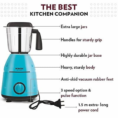 Borosil Best Mixer Grinder, 500 Watts, 3 Jars (1.5L Blending Jar, 1L Dry/Wet Grinding Jar, 400 ml Chutney Jar), Kitchen Mixie, 2 Years Warranty on Motor