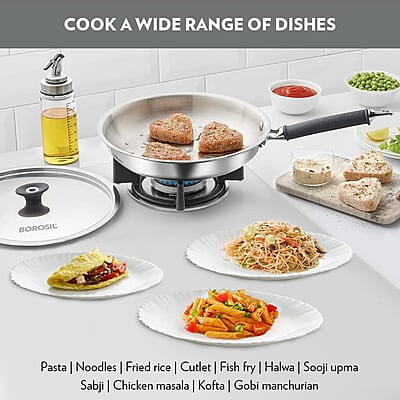 Borosil Cookfresh Tri-ply Stainless Fry Pan with Lid, Induction Friendly, 1.3 L, 20 cm Dia