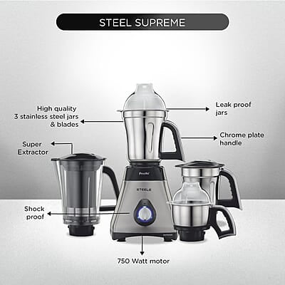 Preethi Steel Supreme MG-208 mixer grinder, 750 watt (Silver/ Black), 4 jars - Super Extractor juicer Jar, Vega W5