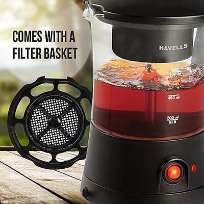 Havells Crystal Tea-Coffee Maker Glass with Filter Basket Indicator Light Transparent Glass Carafe 600 W