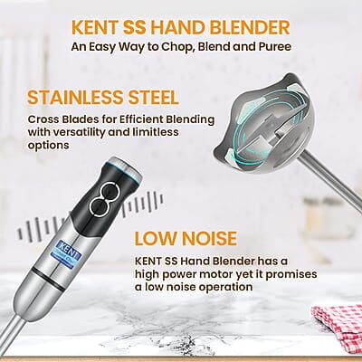 Kent Ss Hand Blender 450W | Variable Speed Control | Turbo Switch For Fast Blending | Detachable Shaft For Easy Cleaning | Hot & Cold Blending | Low Noise Dc Motor - Stainless Steel, 450 Watts, Silver