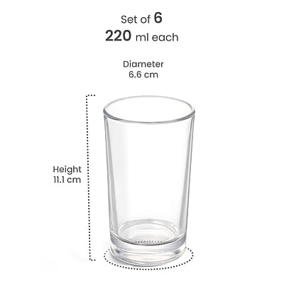 Treo by Milton Embassy Cool Glass Tumbler, Set of 6, 220 ml Each, Transparent |Serve Juices | Cold Drinks | Water | Cocktails | Mixed Drinks