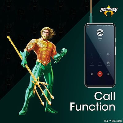 ZEBRONICS DC AQUAMAN edition BUDS 30 3.5mm stereo earphone with inline microphone for calling, volume control, multifunction button, 14mm drivers, stylish eartip design and 1.2 meter durable cable