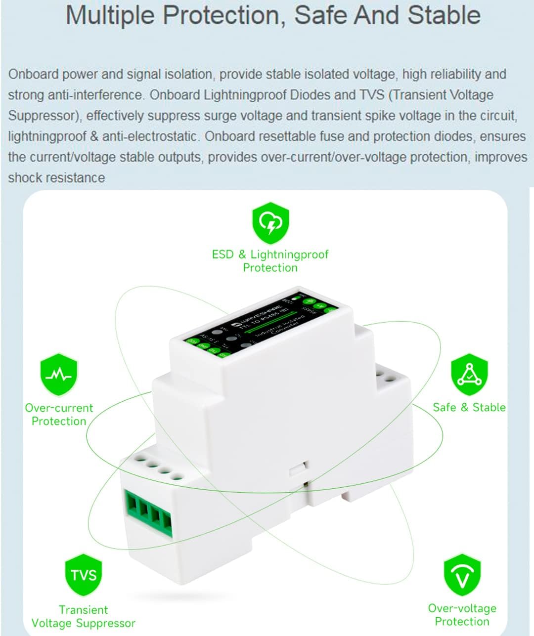 Rail-mount TTL To RS485 Galvanic isolated Converter, 600W Lightningproof & Anti-Surge, Multi-Isolation Protection)