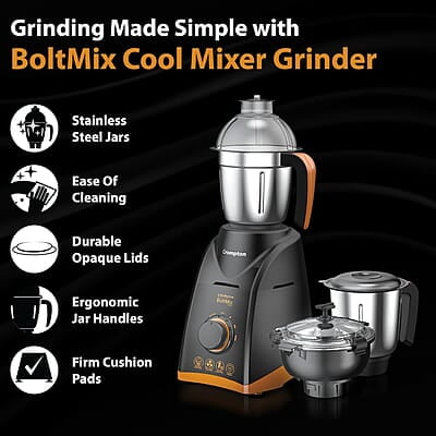 Crompton Boltmix Cool 750 W Mixer grinder with 3 Jars (3 stainless steel Jars, Cool Mix Chutney Jar with Casing)