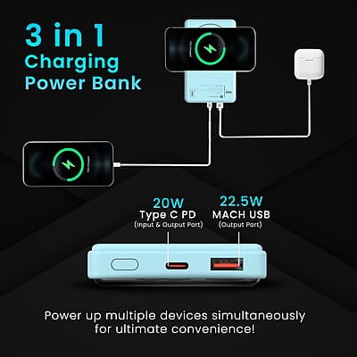 Portronics Luxcell Wireless Mini 10k 10000mAh 15W Magnetic Wireless Fast Charging Smallest Power Bank with 22.5 Wired Output