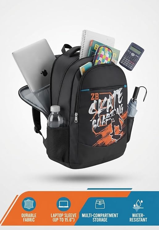 Skateboarding Graphic Backpack, Grey with Orange Print