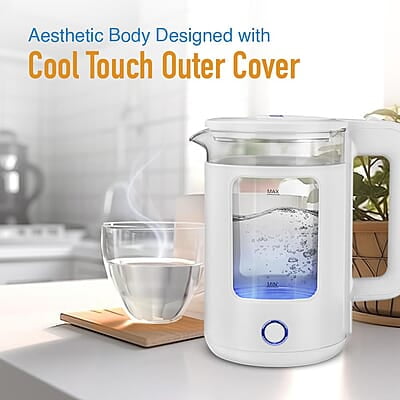 KENT Cool Touch Glass Kettle| 1500W | 1.8L Capacity | 360° Rotating Base | Overheating and Dry Boiling Protection | White