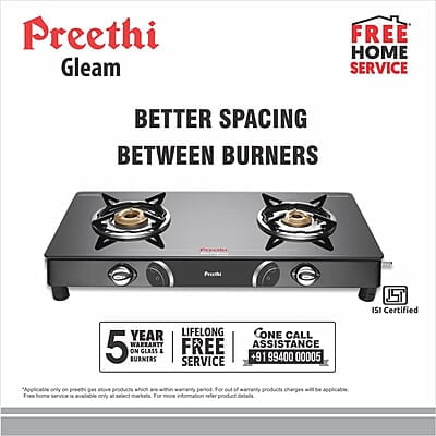 Preethi Blu Flame Gleam Glass Top 2-Burner Manual Gas Stove (Black) (ISI Certified)