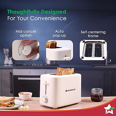 Wonderchef Bellagio 2-Slice Pop-up Toaster with Lid Cover  800 Watt 7- Level Browning Controls