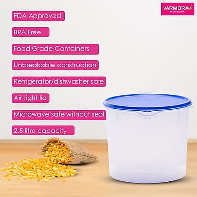 Varmora Magnum Round Smart Kitchen Storage Plastic Container – Blue Lid (2.5 Litres) (Pack of 5) Varmora Magnum Round Smart Kitchen Storage Plastic Container – Blue Lid (2.5 Litres) (Pack of 5)