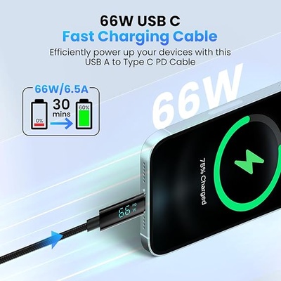Portronics Konnect View 66W Type C Cable with LED Display 6.5A Output, Nylon Braided, Fast Data Sync, 1.2M Length, Tangle Resistant(Black) Portronics Konnect View 66W Type C Cable with LED Display 6.5A Output, Nylon Braided, Fast Data Sync, 1.2M Length, Tangle Resistant(Black)