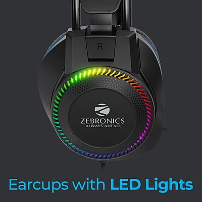 Zebronics Jet Premium Wired Gaming On Ear Headphone with LED Light for earcups, 40mm Neodymium Drivers, 2 Meter Braided Cable, Flexible mic, Suspension Headband, 3.5mm + USB Connector