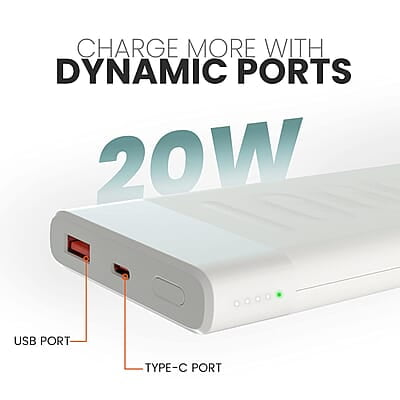 Ambrane 10000mAh Slim Power Bank, 20W Fast Charging, Dual Output, Type C PD (Input & Output), Quick Charge