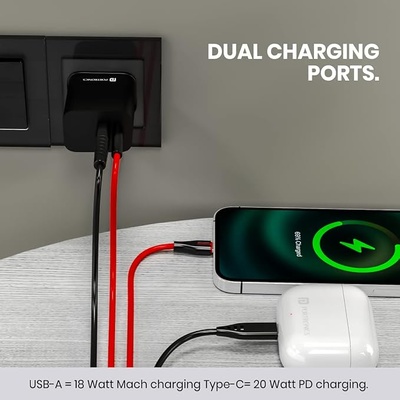 Portronics ADAPTO 20V 20W Dual Port Fast Charging Adapter Type C PD 3.0 & Mach USB-A Compatible with iPhone & Android (Black) Portronics ADAPTO 20V 20W Dual Port Fast Charging Adapter Type C PD 3.0 & Mach USB-A Compatible with iPhone & Android (Black)