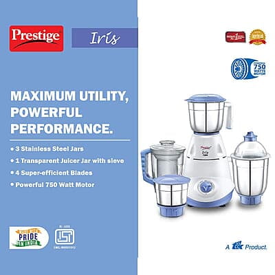 Prestige Iris 750 Watt Mixer Grinder with 3 Stainless Steel Jar + 1 Juicer Jar
