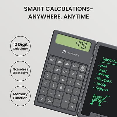 Portronics Ruffpad Calc 2-in-1 Calculator & LCD Writing Pad with 6.5 Inches Tablet, 12 Digits, Foldable Design, Stylus Pen for Students