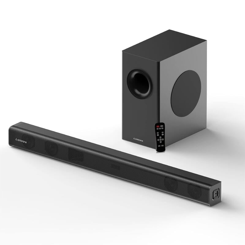 Ambrane 120W, 2.1 Channel Home Theatre with Remote,Subwoofer for Extra Deep Bass, HDMI ARC, Optical, BT v5.0, LED Display, Wall Mount and AUX