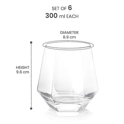 Treo by Milton Hexa On The Rocks Glass Tumbler, 6 Pc Set,300 ml Each,Transparent