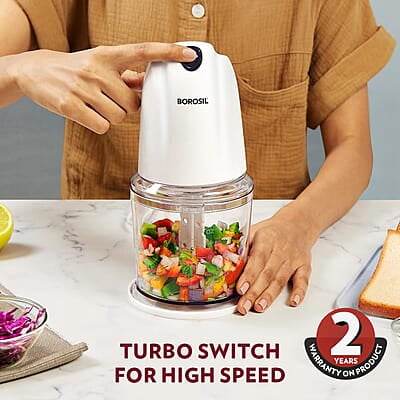 Borosil Chef Delite 260W Electric Chopper For Kitchen Use, White Chopper, Kitchen Accessories Items, Turbo Speed Option, Stainless Steel Blades, Whisking Blade for Cream, Chaas, Lassi