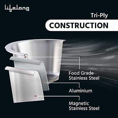 Lifelong LLTPDK004 Triply Deep Kadai with Riveted Handles with Stainless Steel Lid 2.1 litres Capacity 22 cm