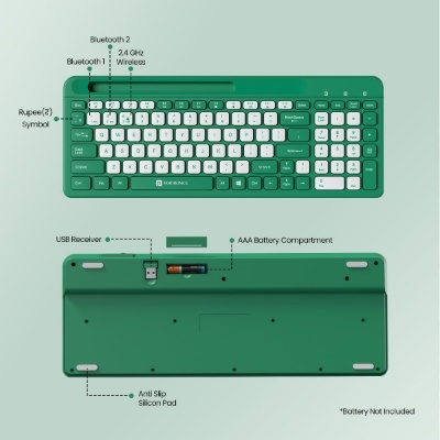 Portronics Bubble Square Wireless Keyboard with Bluetooth + 2.4 GHz USB Receiver (Dual Connectivity), Pair 3 Devices Max, Multimedia Hotkeys, for Laptop, PC, Smartphone, Tablet Portronics Bubble Square Wireless Keyboard with Bluetooth + 2.4 GHz USB Receiver (Dual Connectivity), Pair 3 Devices Max, Multimedia Hotkeys, for Laptop, PC, Smartphone, Tablet