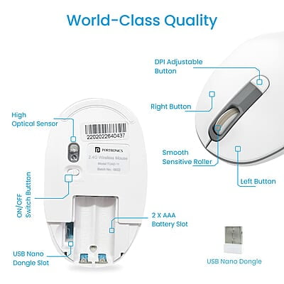 Portronics Toad 11 Wireless Mouse, 2.4 GHz Connectivity with USB Nano Dongle, Adjustable DPI Up To 1600, Ambidextrous for Laptop, MacBook, PC