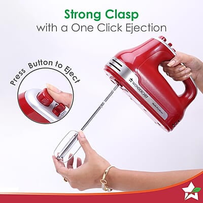 Wonderchef Crimson Edge 5 Speed Electric Hand Mixer 300W  SS Whisk Beaters and Dough Hooks