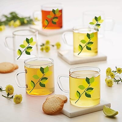 Borosil Vision Green Leaves Tea n Coffee Classic Mug Set of 6 Pcs 190 ml | Borosillicate Glass, Microwave Safe, Scratch Resistance, Lightweight | for Chai, Green Tea, Milk | Transparent Borosil Vision Green Leaves Tea n Coffee Classic Mug Set of 6 Pcs 190 ml | Borosillicate Glass, Microwave Safe, Scratch Resistance, Lightweight | for Chai, Green Tea, Milk | Transparent