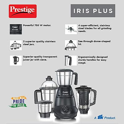 Prestige Iris Plus 750 W Mixer Grinder With 4 Jars (3 Stainless Steel Jars+ 1 Juicer Jar) 4 Super Efficient Stainless Blades Prestige Iris Plus 750 W Mixer Grinder With 4 Jars (3 Stainless Steel Jars+ 1 Juicer Jar) 4 Super Efficient Stainless Blades