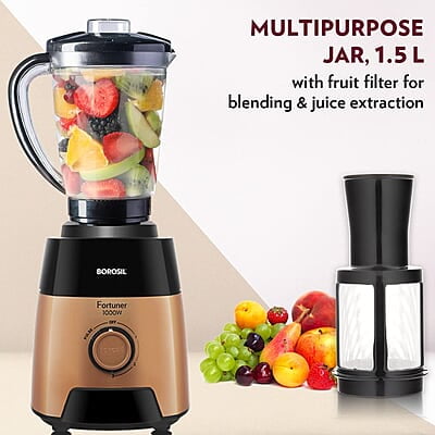 Borosil Fortuner Mixer Grinder Blender Juicer, Copper Motor, For Wet/Dry Mixing & Grinding, Blending Smoothies & Juicing Fruits 1000 Watts, 4 Jars (0.4L+1L+1.2L) (1.5L+1.5L+1.2L+0.4L)
