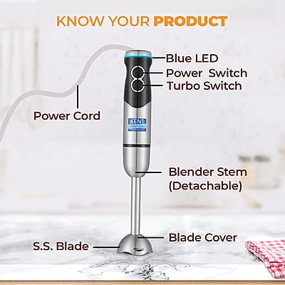 Kent Ss Hand Blender 450W | Variable Speed Control | Turbo Switch For Fast Blending | Detachable Shaft For Easy Cleaning | Hot & Cold Blending | Low Noise Dc Motor - Stainless Steel, 450 Watts, Silver