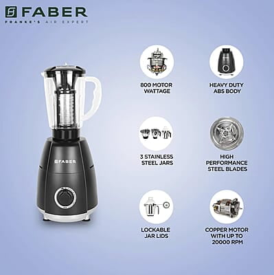 Faber Crown 800W Blender Mixer Grinder, 3 SS clip lock jars + 1 PC jar  copper motor, up to 20000 rpm speed